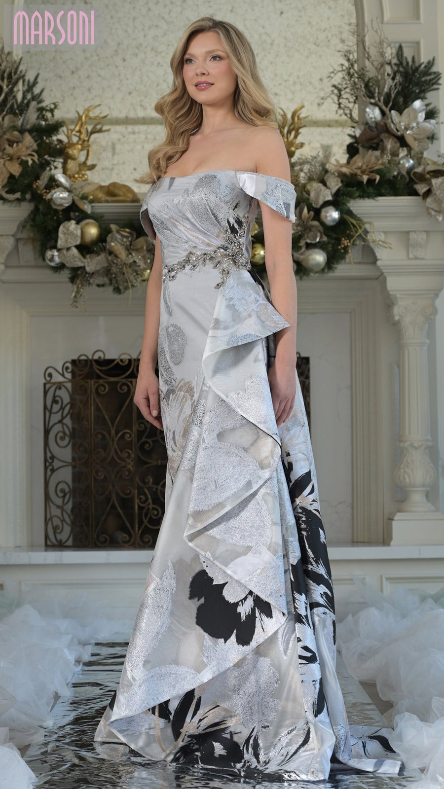 Mother of the Bride Dresses Long Beaded Ruffle Formal Evening Dress Silver Multi