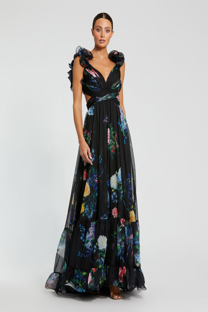 Prom Dresses Long Formal Prom Floral A Line Dress Black Multi