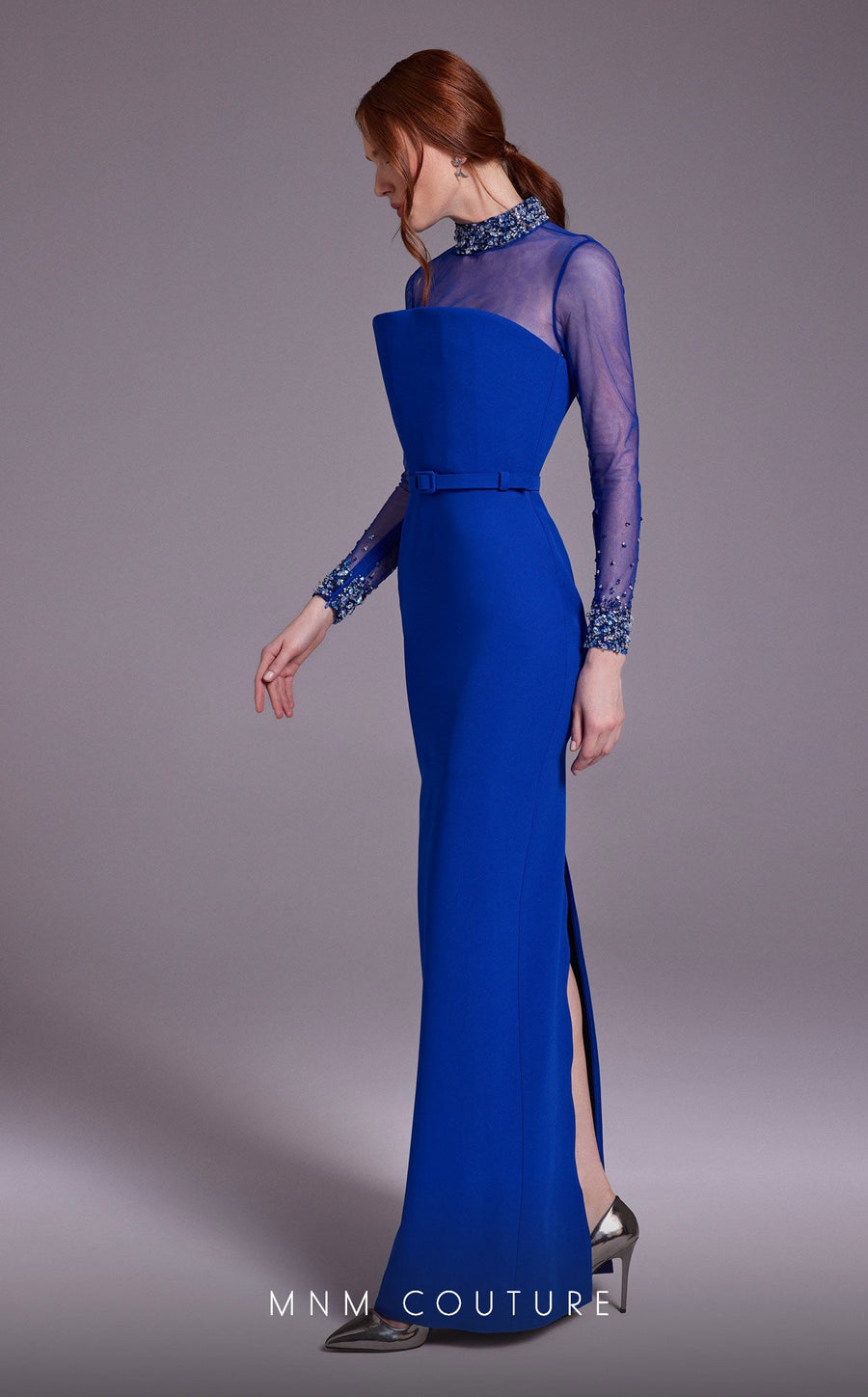 Formal Dresses Beaded Long Slit Fitted Formal Dress Blue