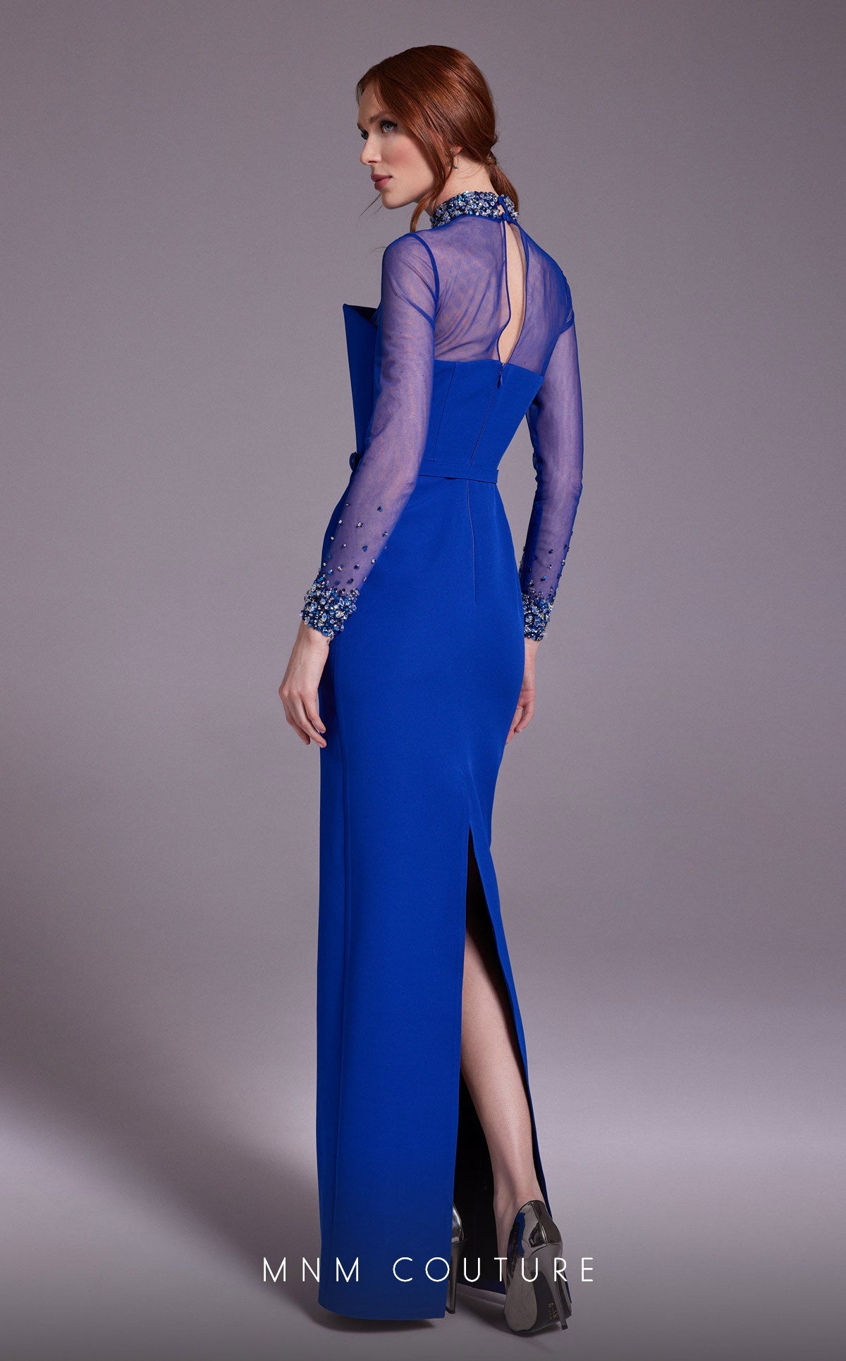 Formal Dresses Beaded Long Slit Fitted Formal Dress Blue