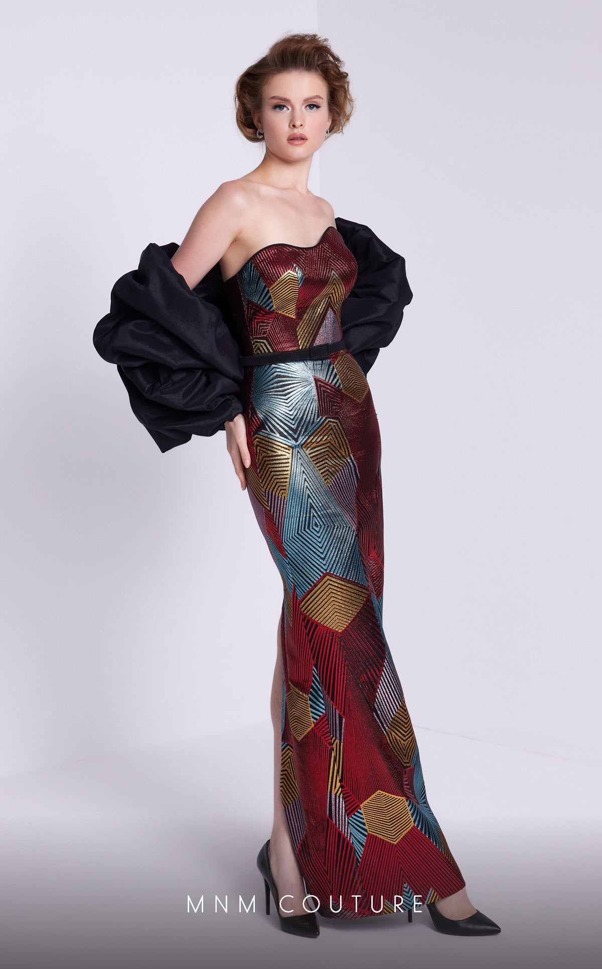 Formal Dresses Fitted Long Formal Detachable Puff Sleeves Prom Dress Black