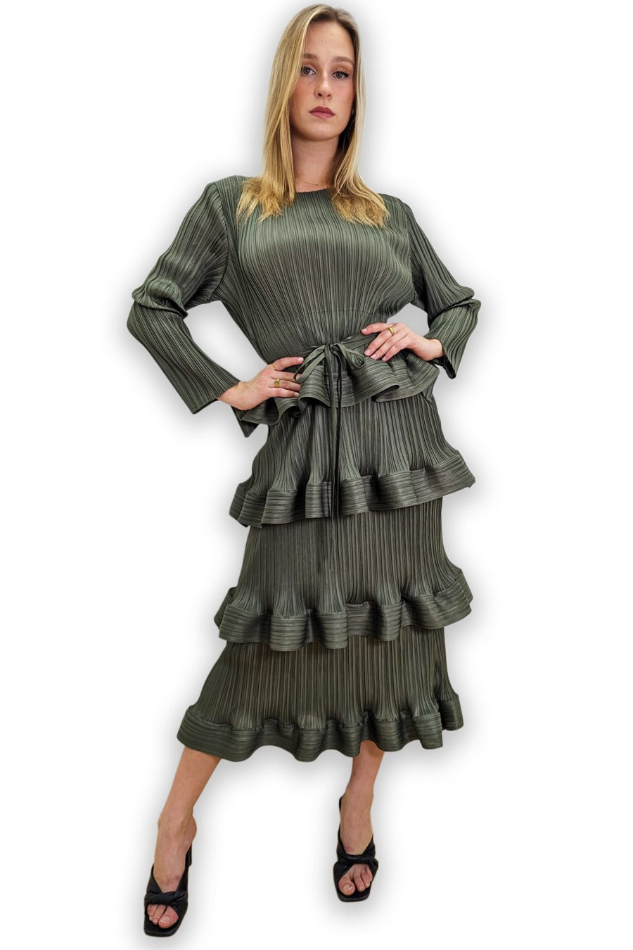 Formal Dresses Long Sleeve Tiered Pleated Midi Dress Olive