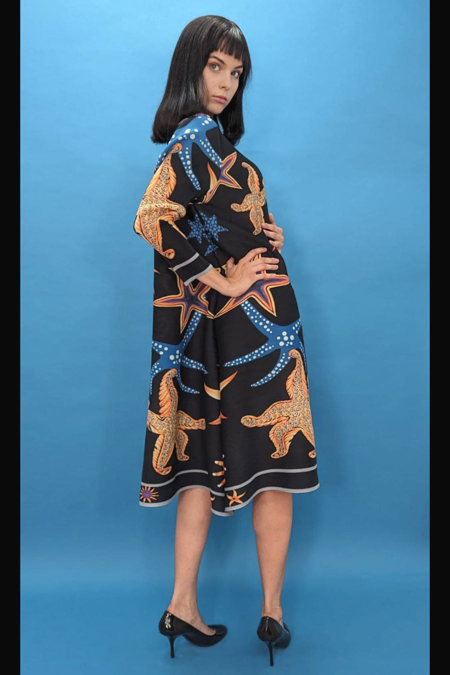 3/4 Sleeve Aquatic Print Midi Dress