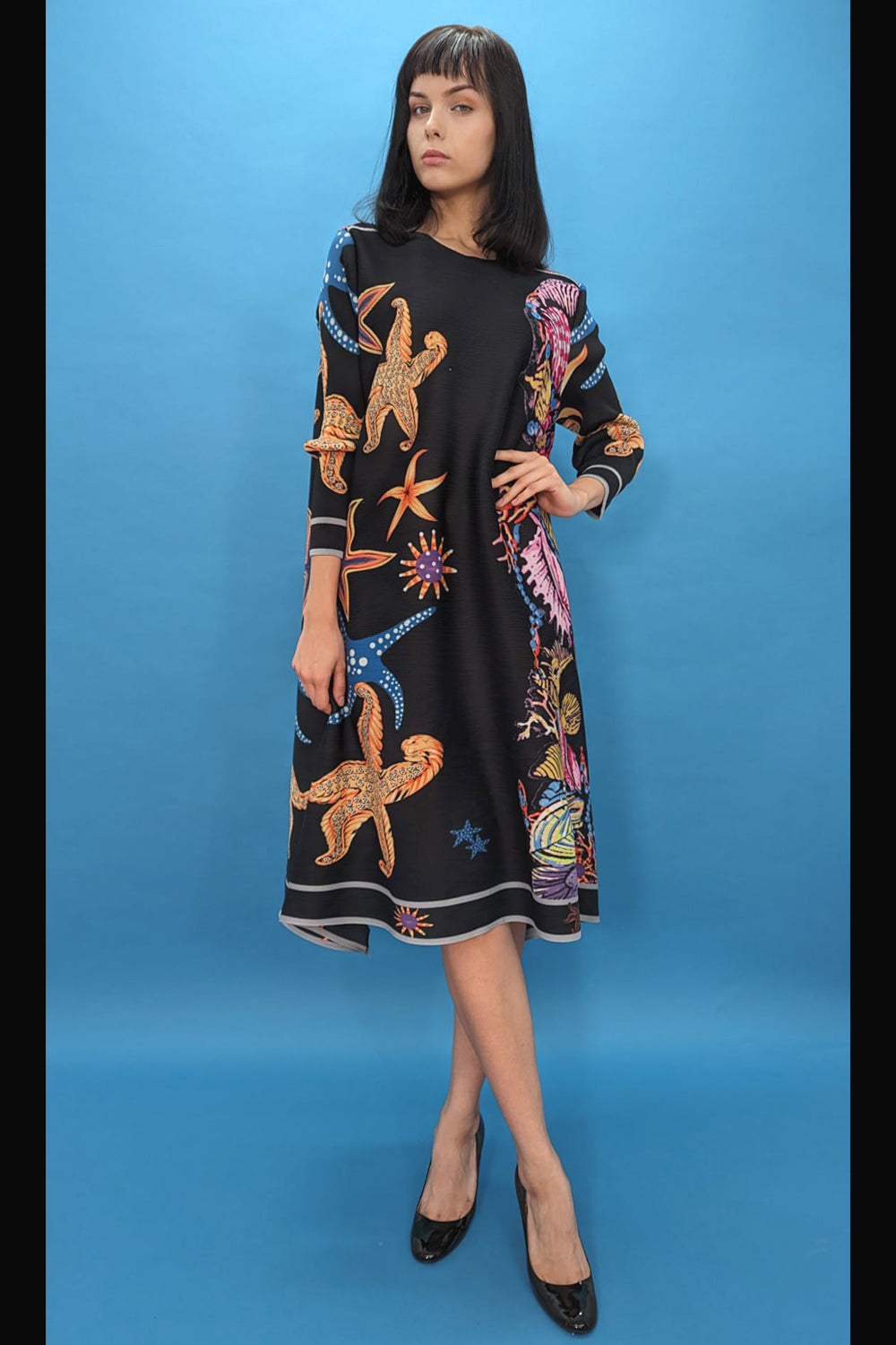 3/4 Sleeve Aquatic Print Midi Dress
