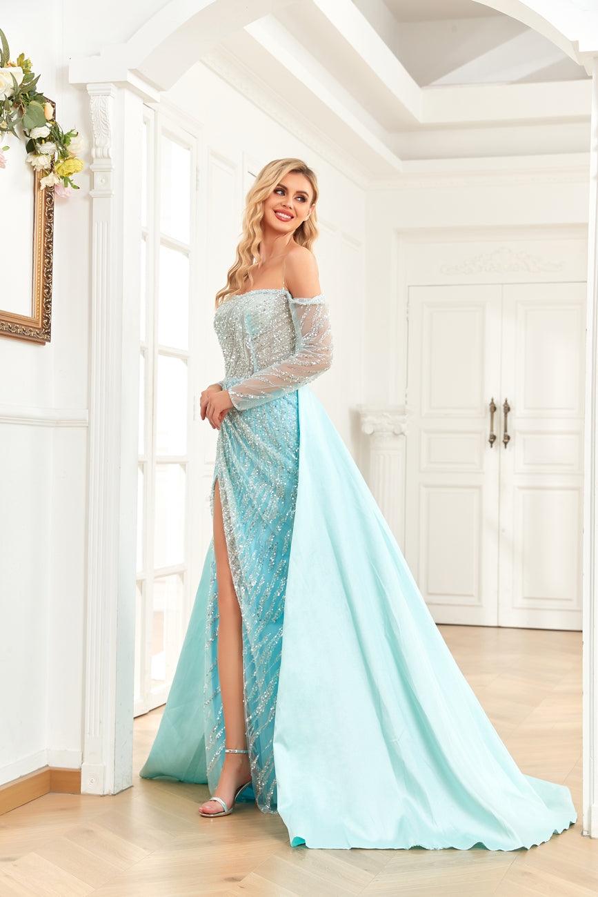 فستان رسمي طويل بكتف واحد من مجموعة High Couture NR2273 للحفلات الراقصة باللون الأزرق الفاتح