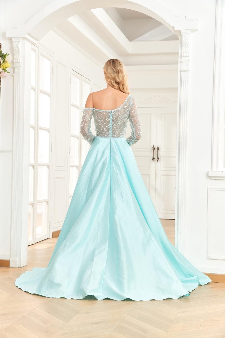 فستان رسمي طويل بكتف واحد من مجموعة High Couture NR2273 للحفلات الراقصة باللون الأزرق الفاتح