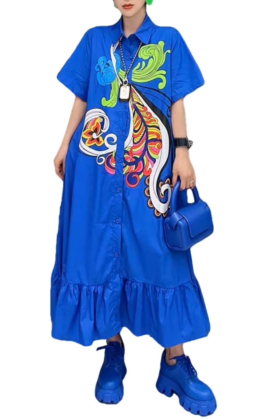 Formal Dresses Short Sleeve Button Down Printed Triered Midi Dress Blue