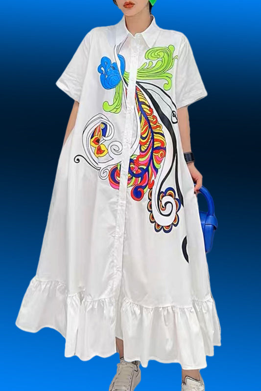 Formal Dresses Short Sleeve Button Down Printed Triered Midi Dress White