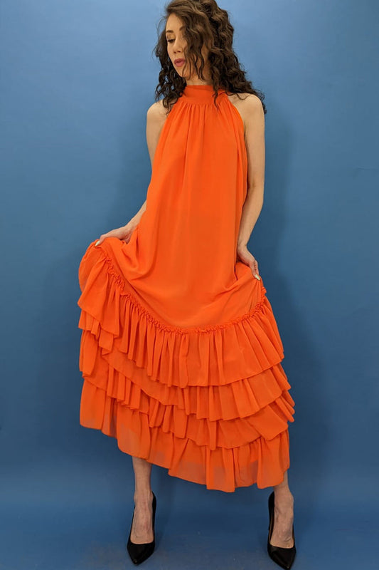 Halter Layered Chiffon Long Dress Orange