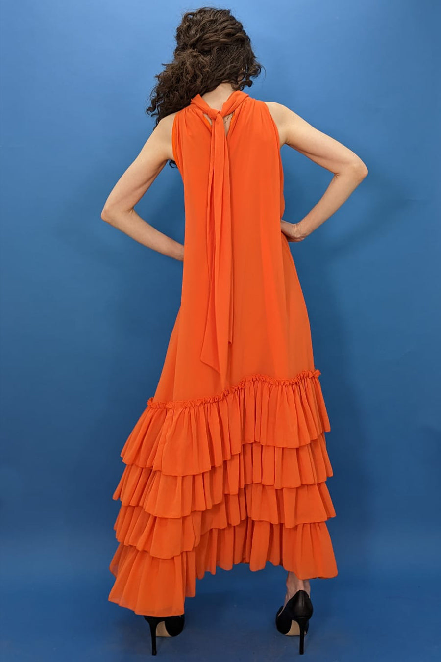Halter Layered Chiffon Long Dress Orange