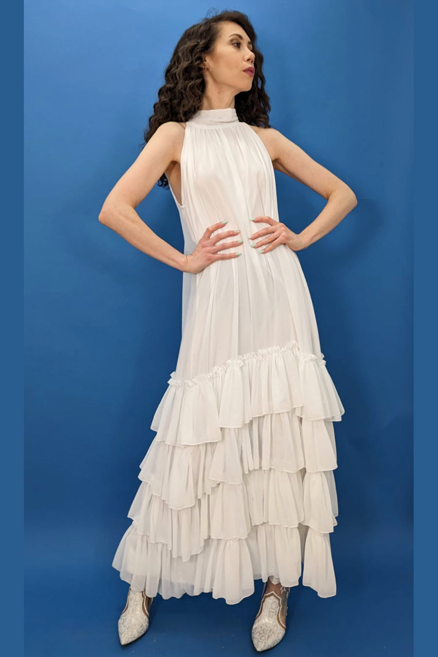 Halter Layered Chiffon Long Dress White