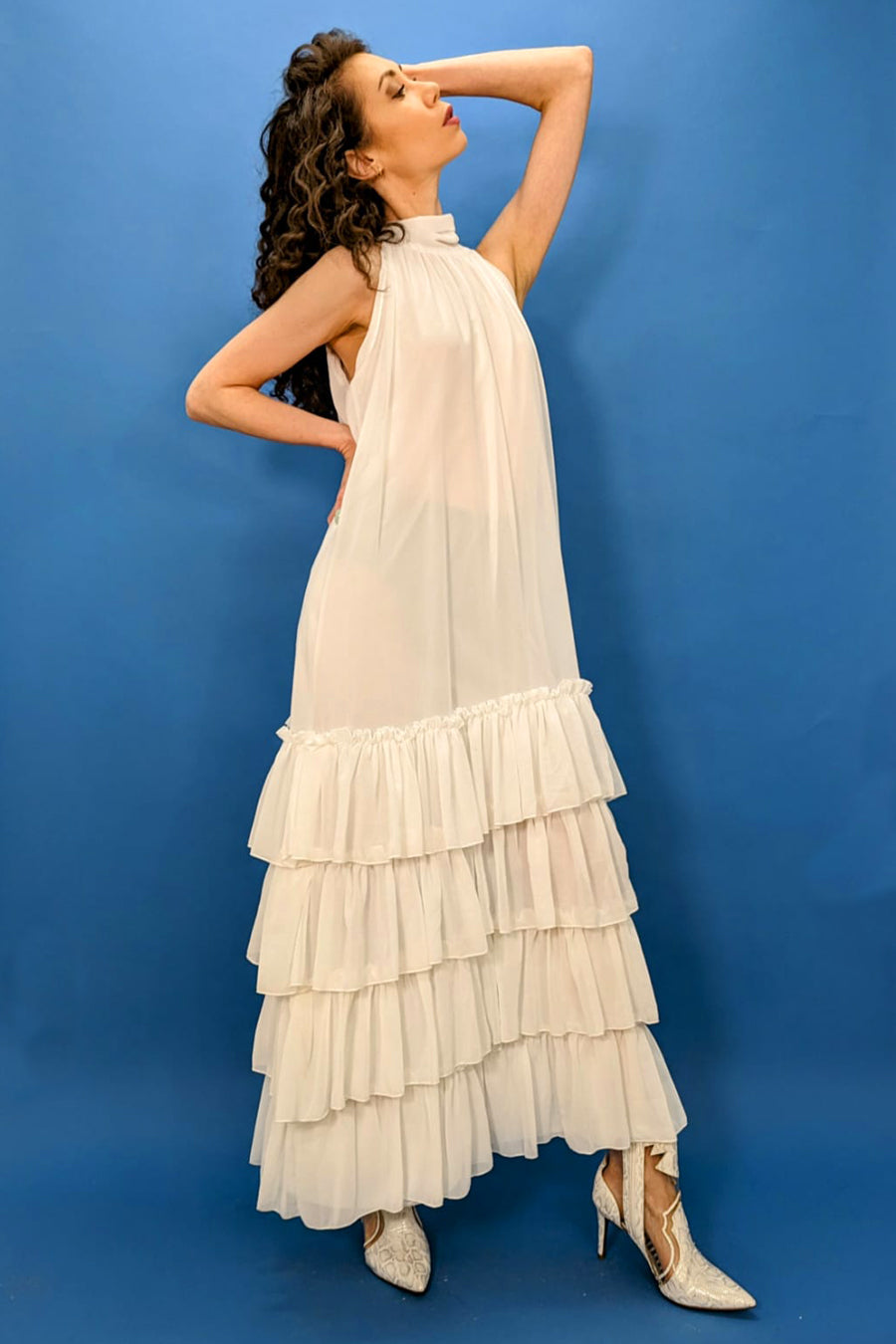 Halter Layered Chiffon Long Dress White