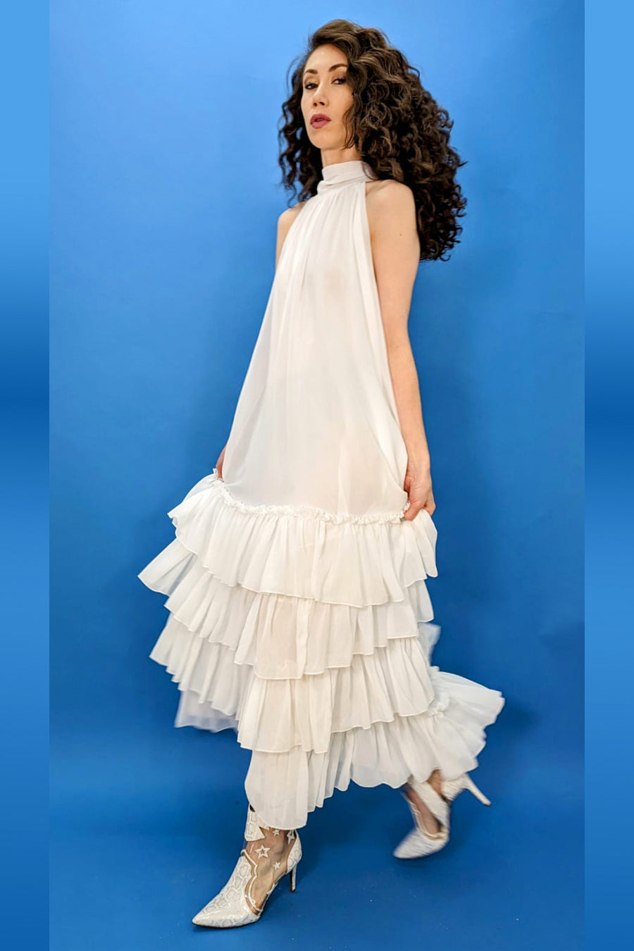 Halter Layered Chiffon Long Dress White