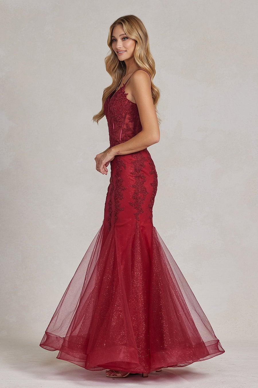 Nox Anabel G1146 Long One Shoulder Formal Prom Dress Burgundy