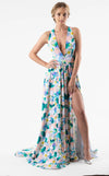 Prom Dresses A Line Long Formal Floral Print Prom Dress Light Blue