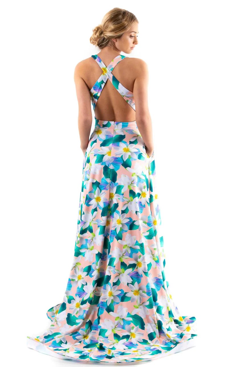 Prom Dresses A Line Long Formal Floral Print Prom Dress Light Blue
