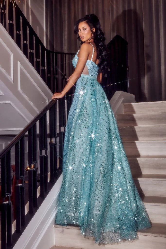 Prom Dresses Long Spaghetti Strap Glitter Prom Gown Blue