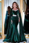 Prom Dresses Long Cape Sleeve Velvet Mermaid Prom Gown Emerald