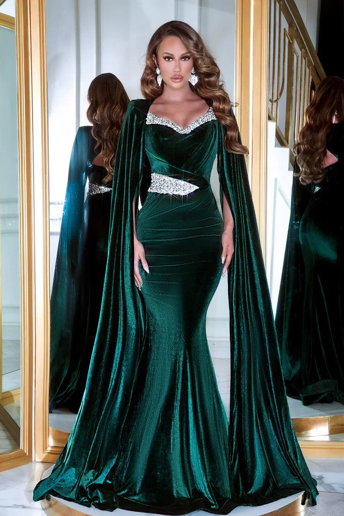 Prom Dresses Long Cape Sleeve Velvet Mermaid Prom Gown Emerald