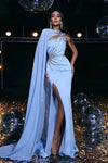 Prom Dresses Long Fitted Cape Prom Gown Blue