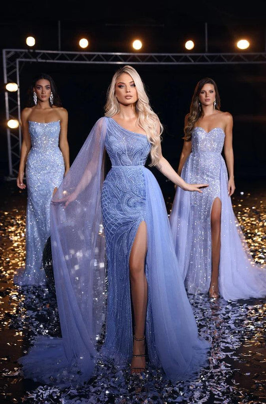 Prom Dresses Long One Shoulder Beaded Prom Gown Blue