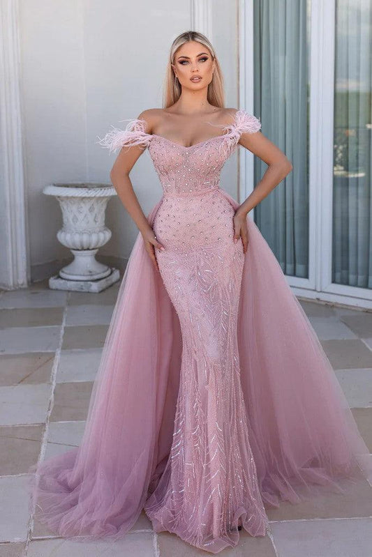 Prom Dresses Long Feather Off Shoulder Prom Gown Pink