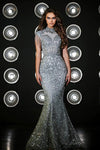 Prom Dresses Long Cap Sleeve Glitter Mermaid Prom Gown Silver