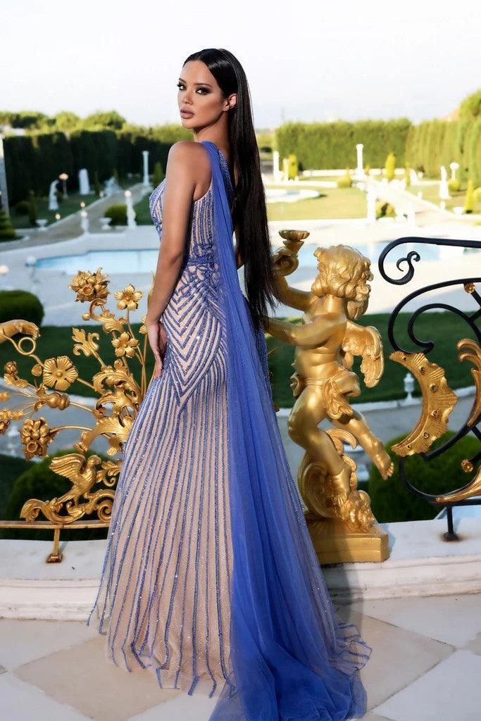 Prom Dresses Long Beaded One Shoulder Prom Dress Blue Nude