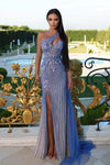 Prom Dresses Long Beaded One Shoulder Prom Dress Blue Nude