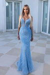 Prom Dresses Long Strapless Beaded Fringe Prom Gown Blue