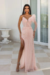 Prom Dresses Long Beaded Feathers Prom Gown Coral