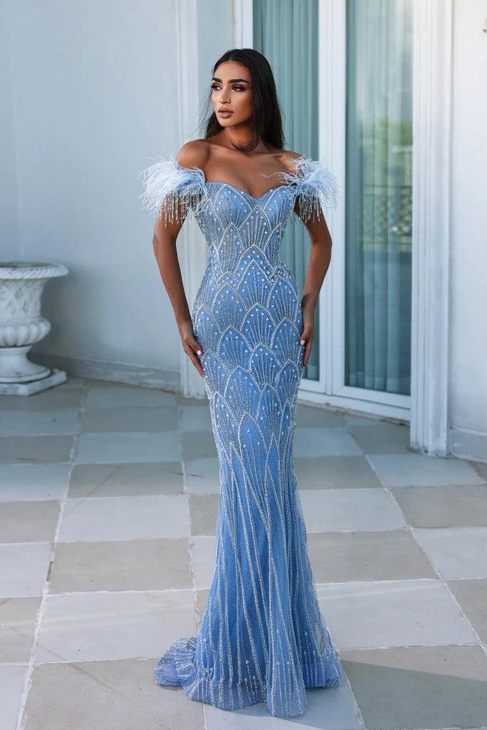 Prom Dresses Long Off Shoulder Feather Prom Gown Blue Silver