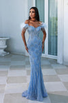 Prom Dresses Long Off Shoulder Feather Prom Gown Blue Silver