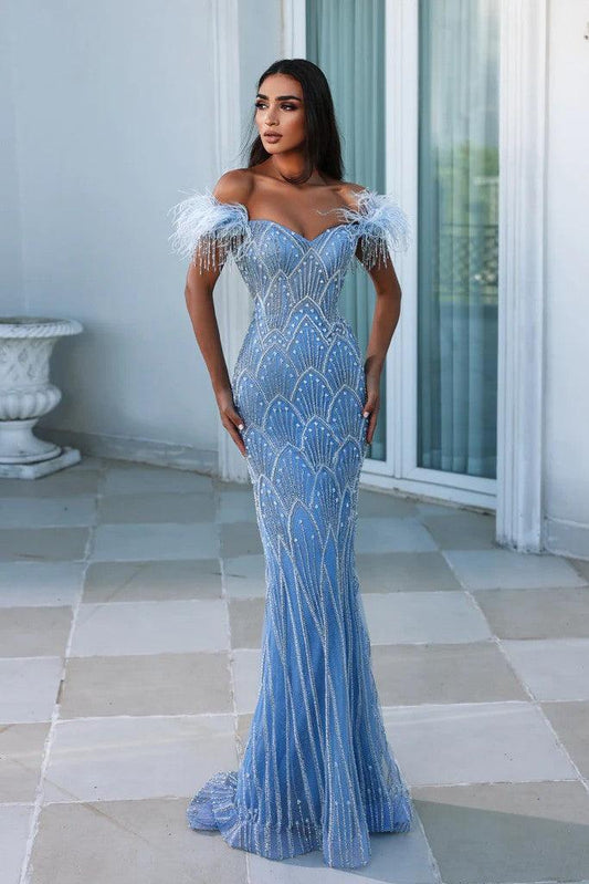 Prom Dresses Long Off Shoulder Feather Prom Gown Blue Silver