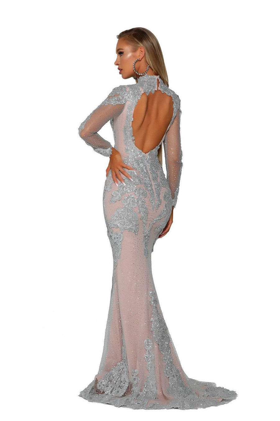 Prom Dresses Glitter Long Sleeve Formal Dress  Silver Nude