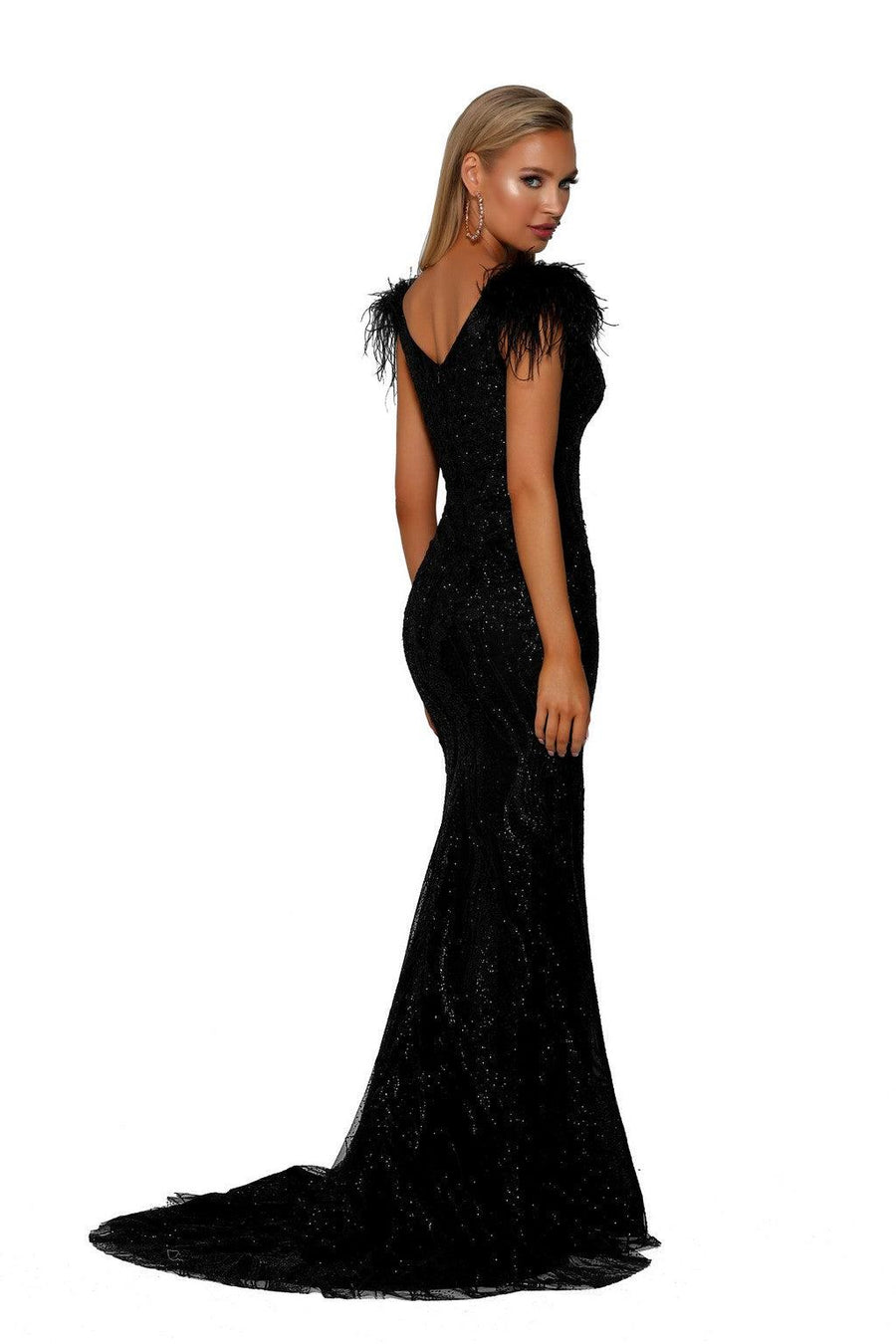 Prom Dresses Long Cap Sleeve Glitter Lace Formal Gown Black