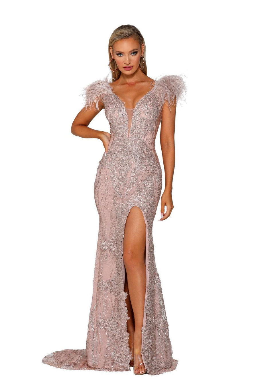 Prom Dresses Long Cap Sleeve Glitter Lace Formal Gown Rose Gold