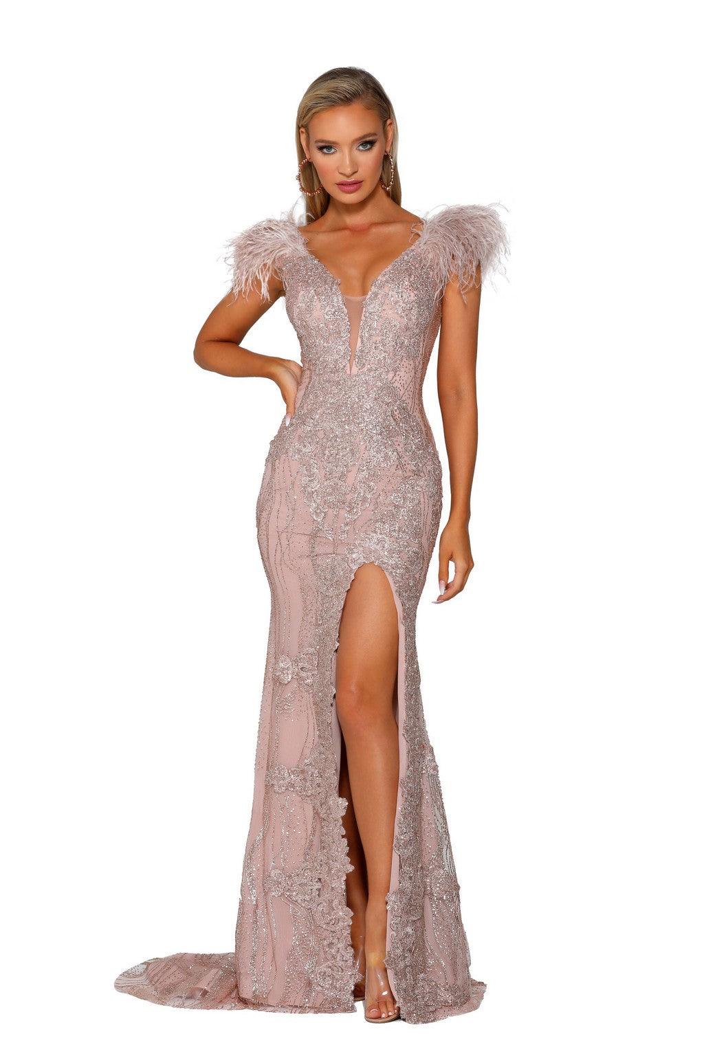 Prom Dresses Long Cap Sleeve Glitter Lace Formal Gown Rose Gold