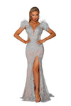 Prom Dresses Long Cap Sleeve Glitter Lace Formal Gown Silver Nude