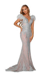 Prom Dresses Long Feather Cap Sleeve Mermaid Formal Gown Silver Nude