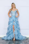 Prom Dresses Raffled Lace Long Prom High Slit Gown Light Blue