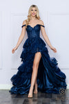 Prom Dresses Raffled Lace Long Prom High Slit Gown Navy Blue
