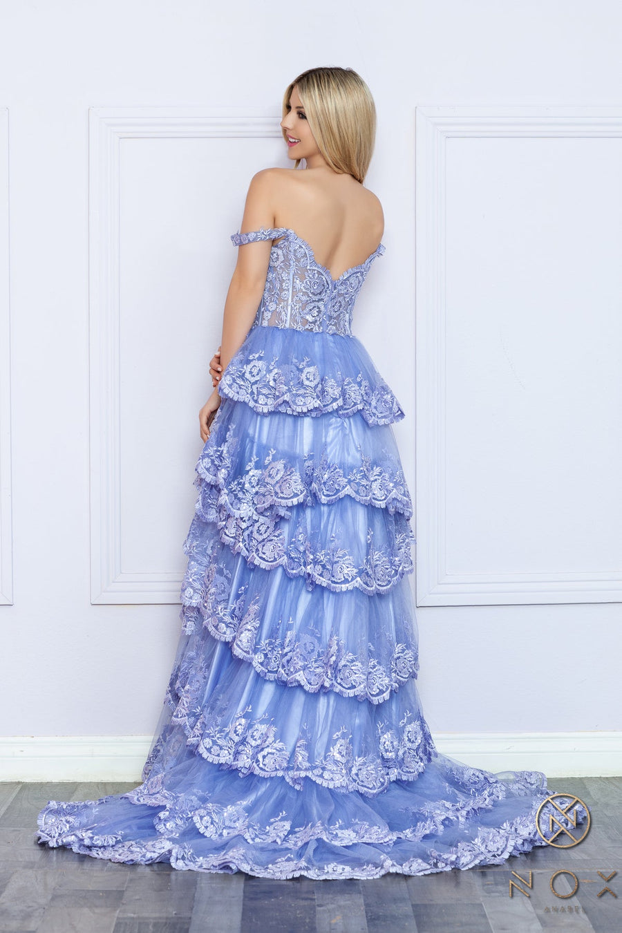 Prom Dresses Raffled Lace Long Prom High Slit Gown Periwinkle