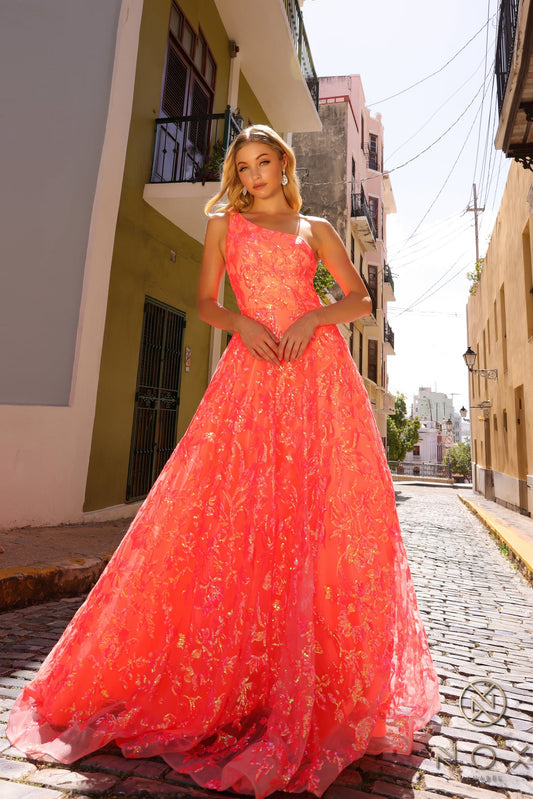Prom Dresses A Line Long Sequins Prom Gown Neon Peach