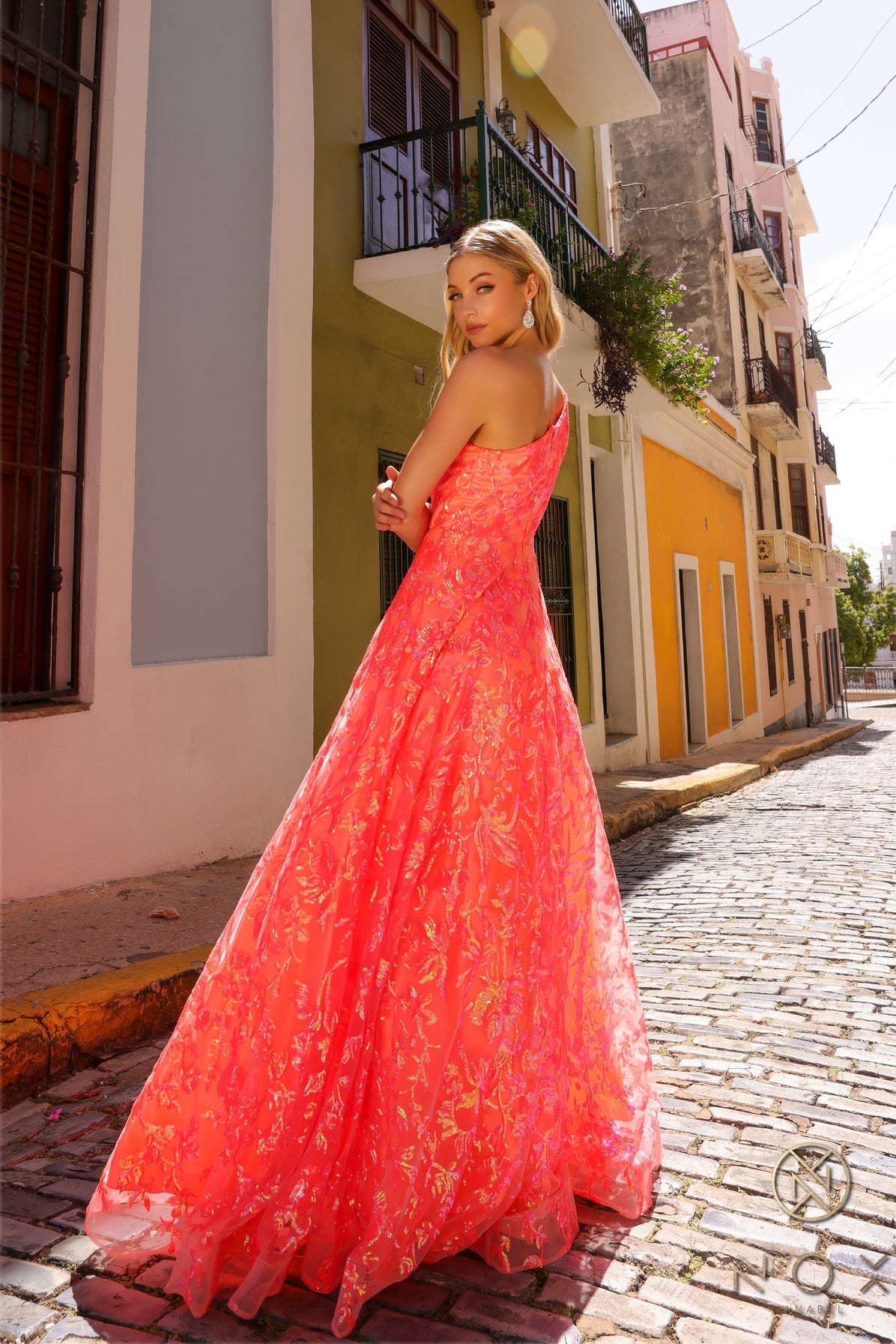 Prom Dresses A Line Long Sequins Prom Gown Neon Peach