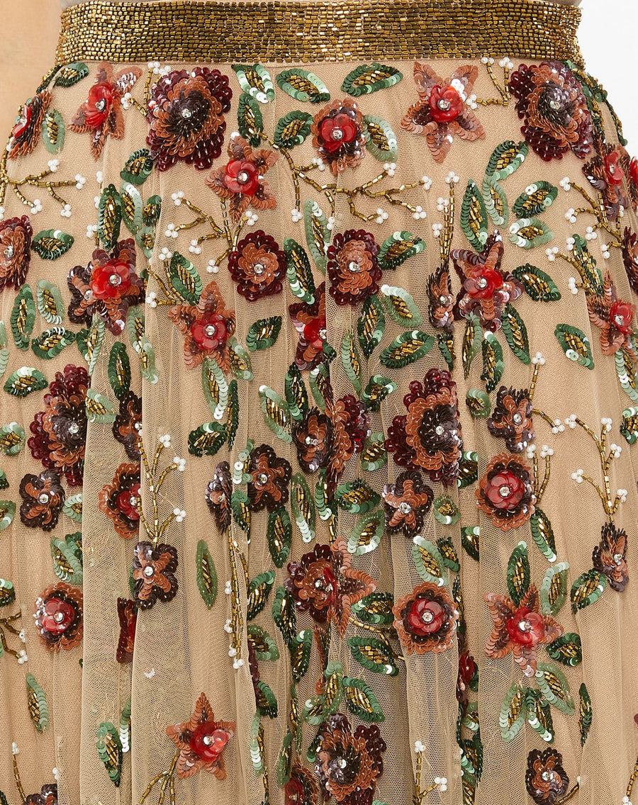 Skirt Floral Beaded Long Chiffon Skirt Only Coffee