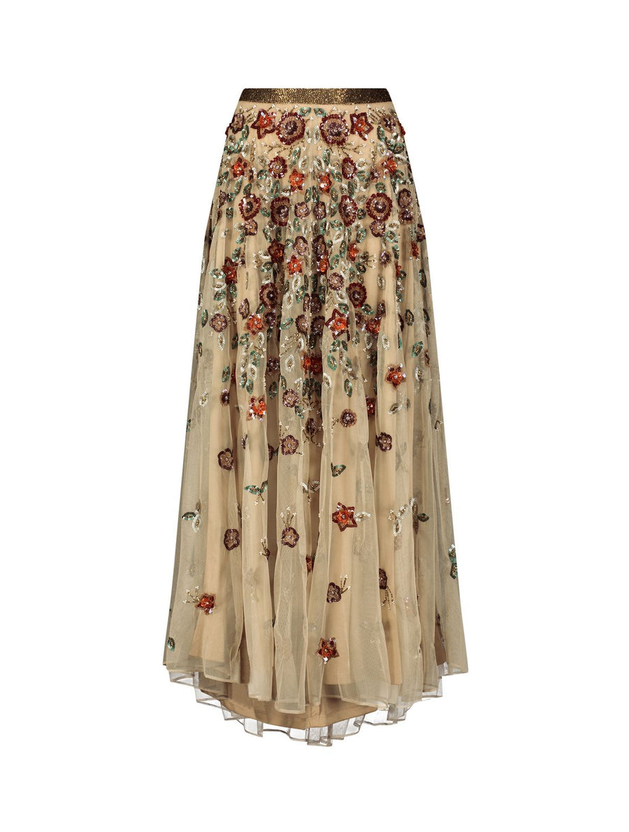 Skirt Floral Beaded Long Chiffon Skirt Only Coffee