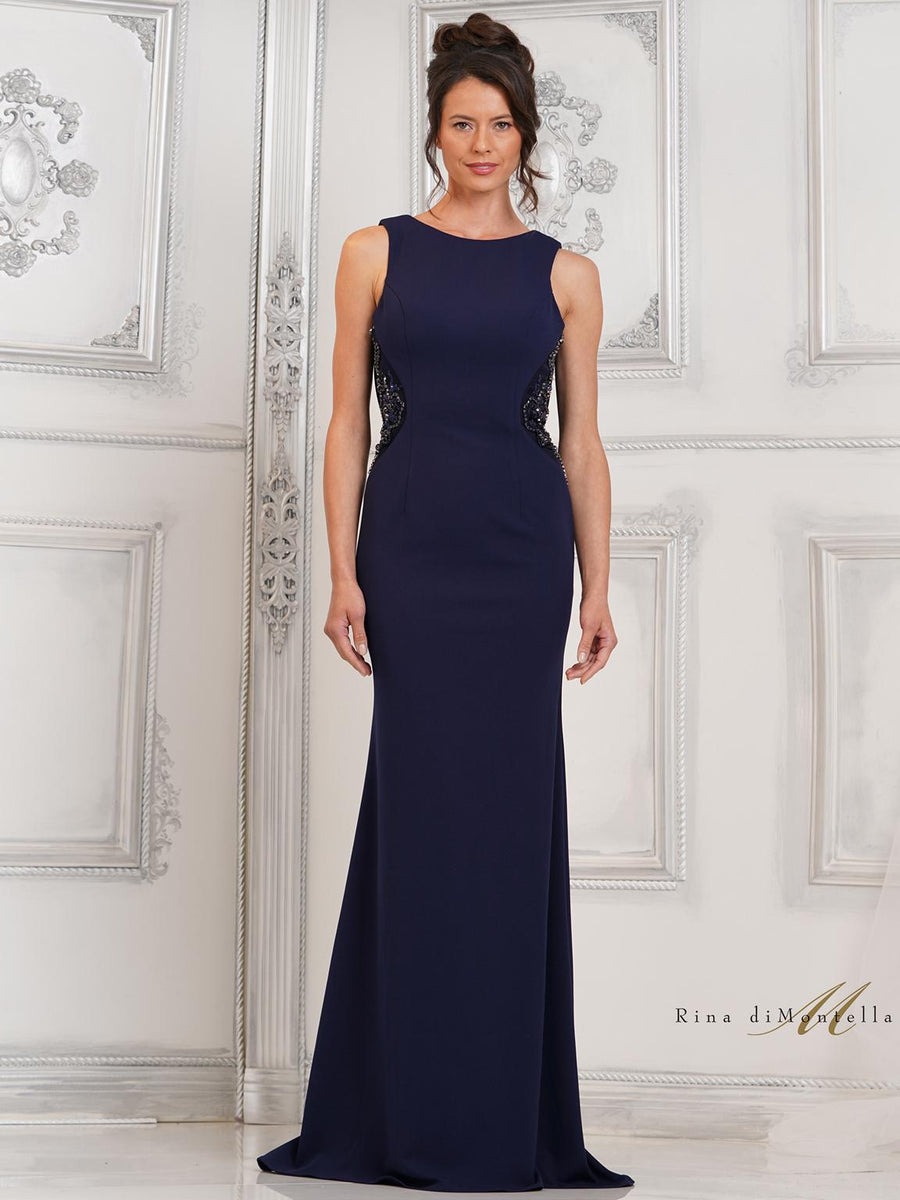 Formal Dresses Beaded Back Panel Drape Long Formal Dress Navy