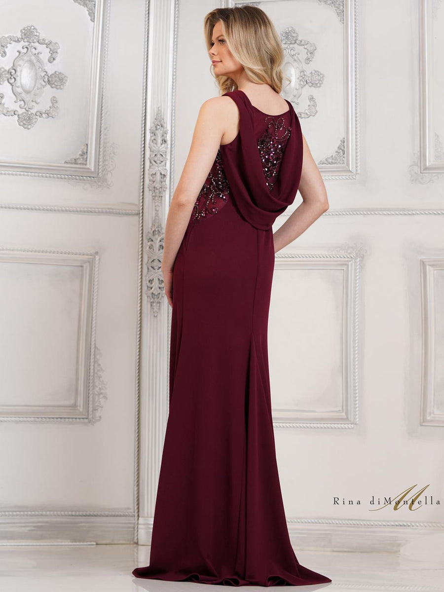 Formal Dresses Beaded Back Panel Drape Long Formal Dress Wine