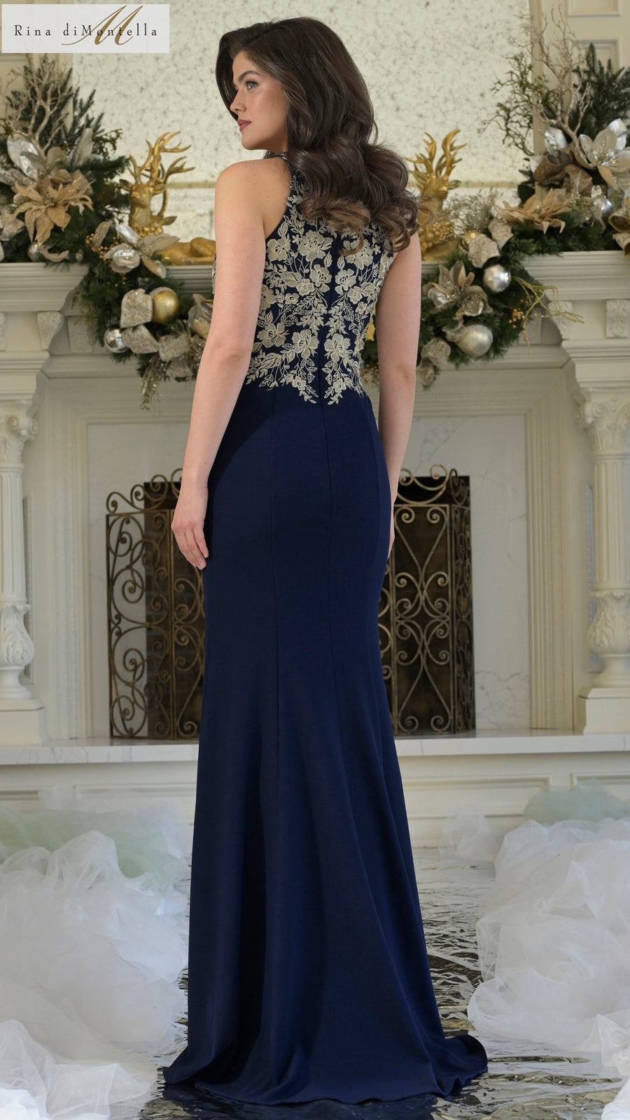 Formal Dresses Fitted Formal Long Evening Dress Navy Gold